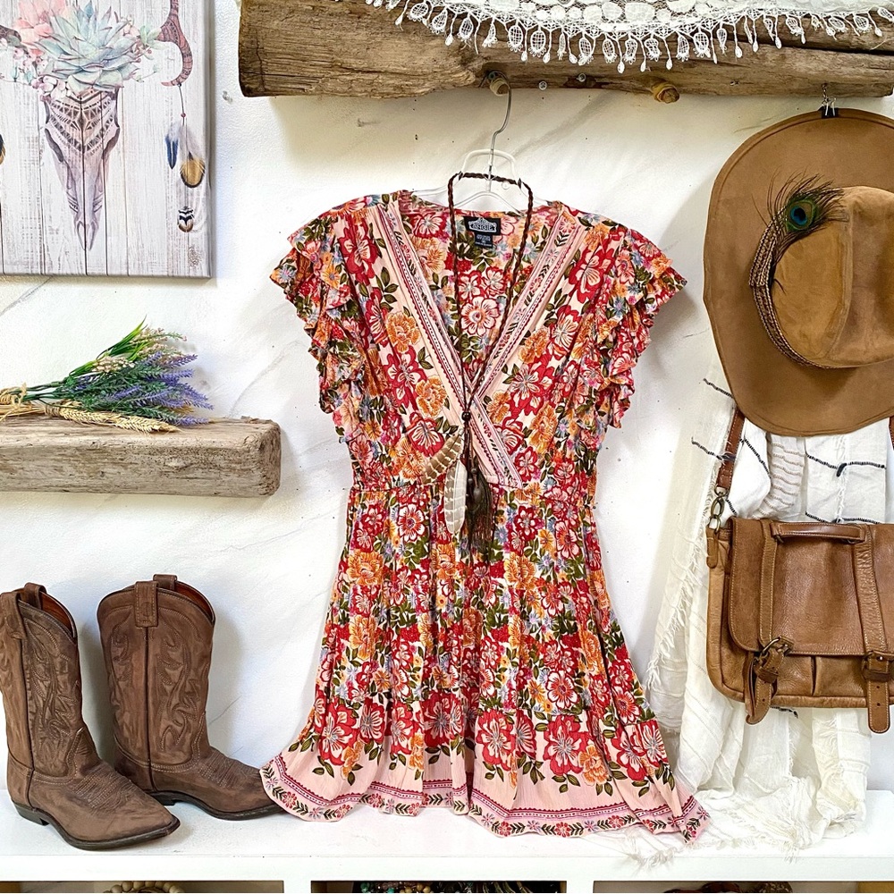 Angie Floral Mini Dress - Red and Pink